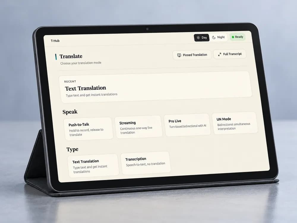 Vavus tablet on a folding stand, showing the Vavus AI translation modes.
