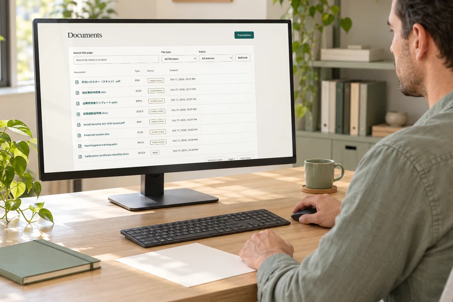 An adult reviews the Vavus Documents library on a desktop monitor in a bright office.