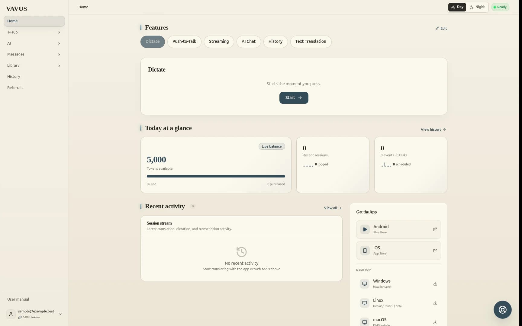 Real Vavus AI app with a fictional sample account in a tablet illustration