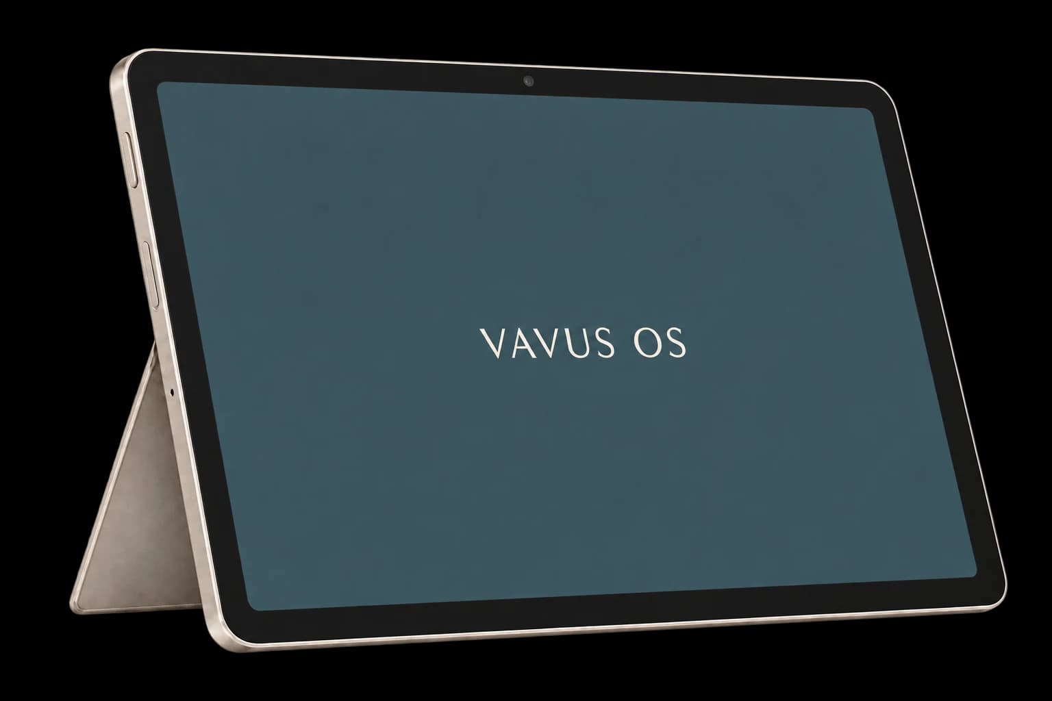 An example Vavus tablet on its kickstand with cream VAVUS OS lettering on its green screen.