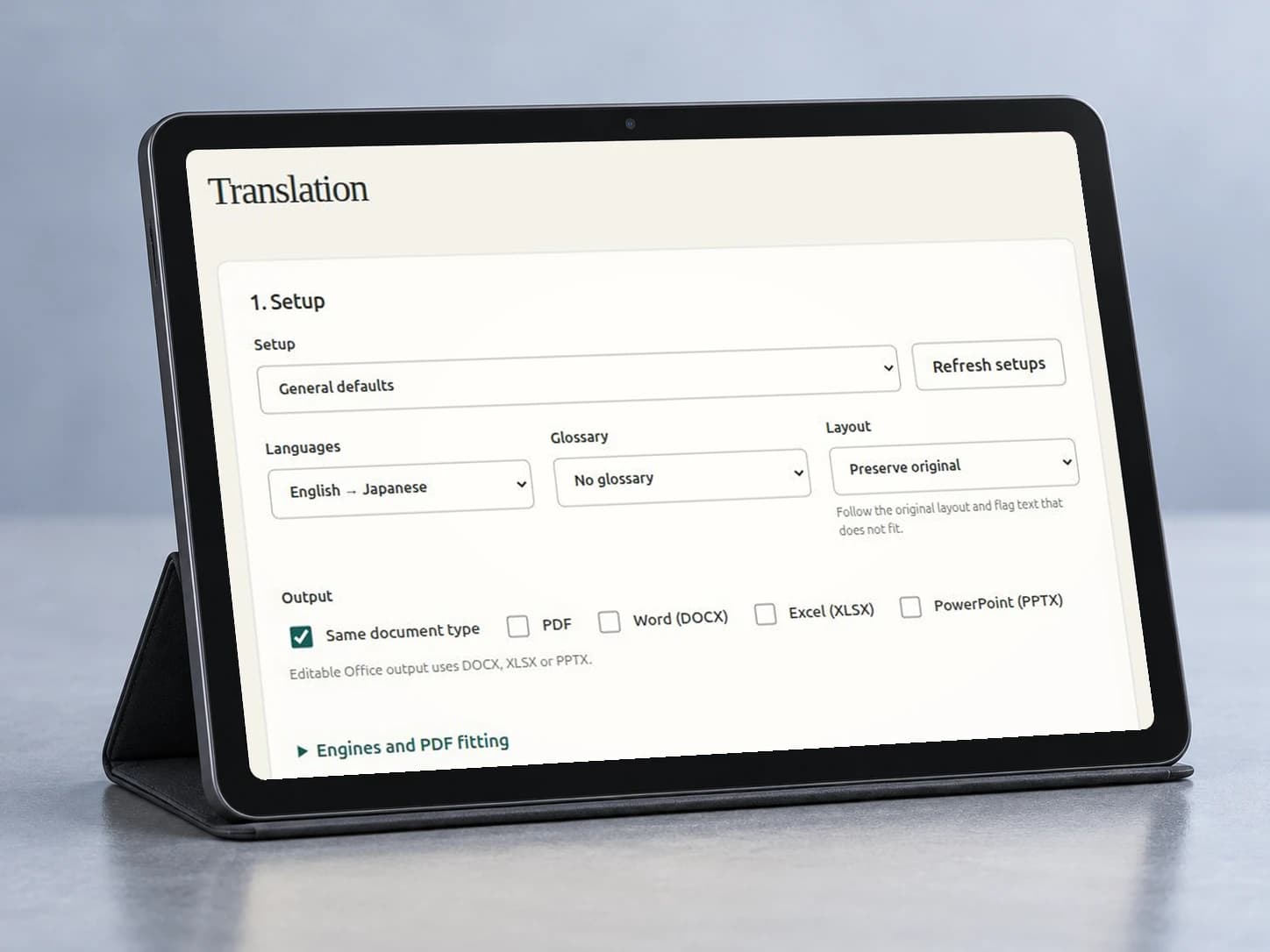 Vavus tablet on a folding stand showing document translation setup.