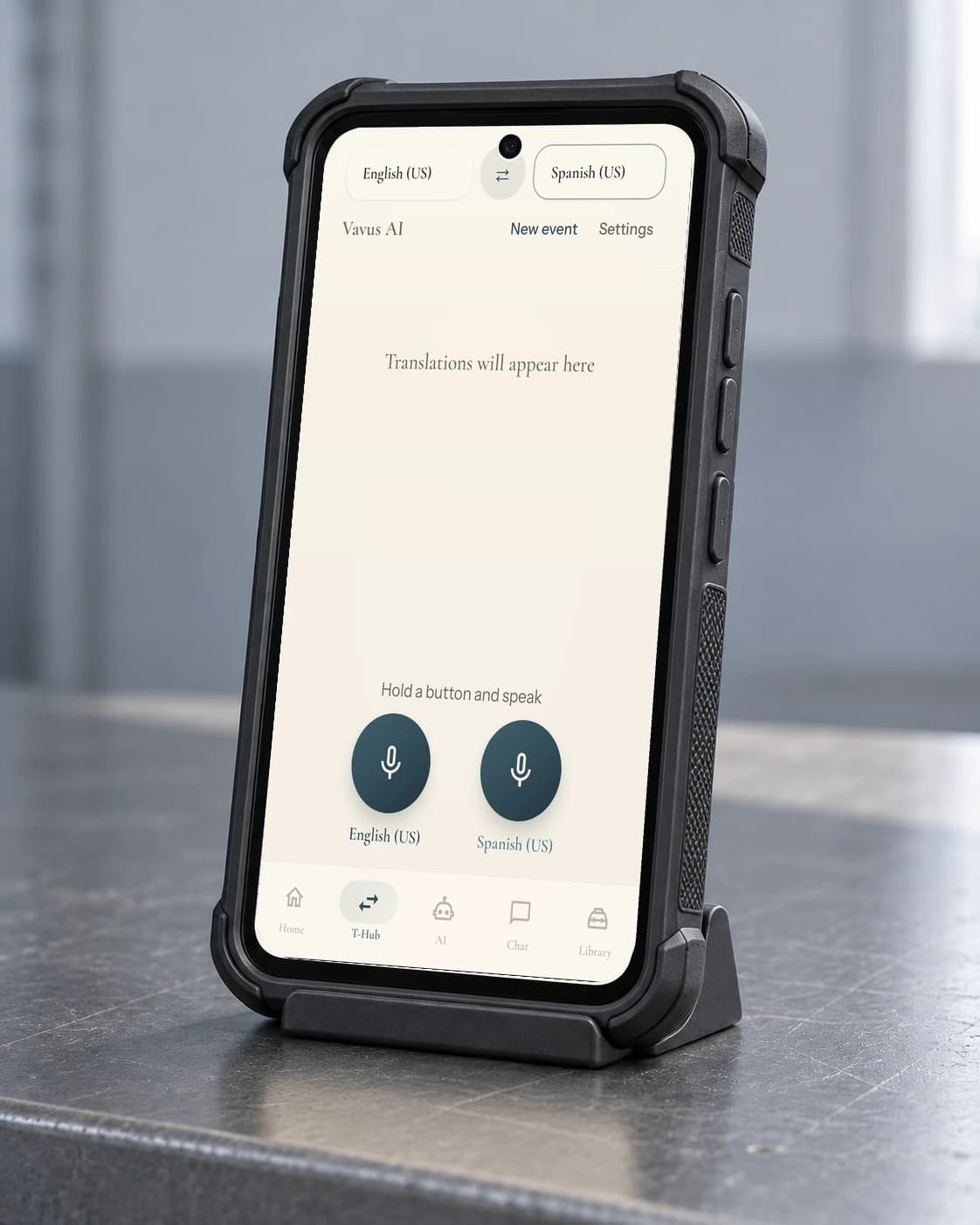 Rugged Vavus handheld on a stand showing English and Spanish push-to-talk controls.